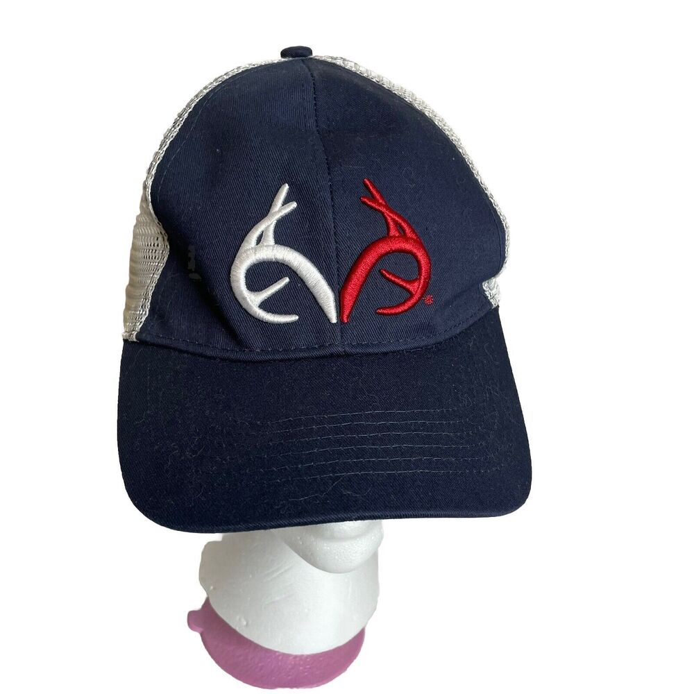 REALTREE HEADWEAR WHITE & RED ANTLER LOGO SNAPBACK MESH TRUCKER BLUE HAT CAP